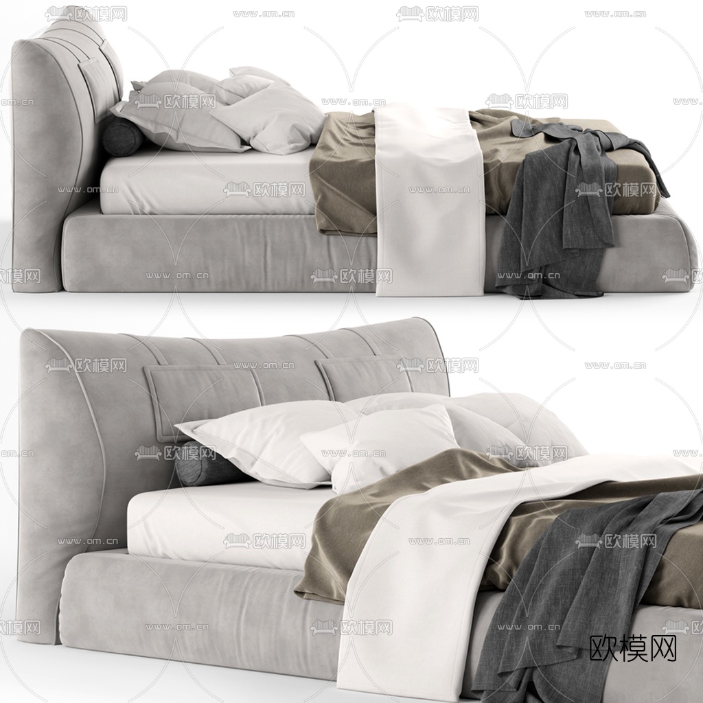 北欧布艺双人床3d模型下载（渲染图3）