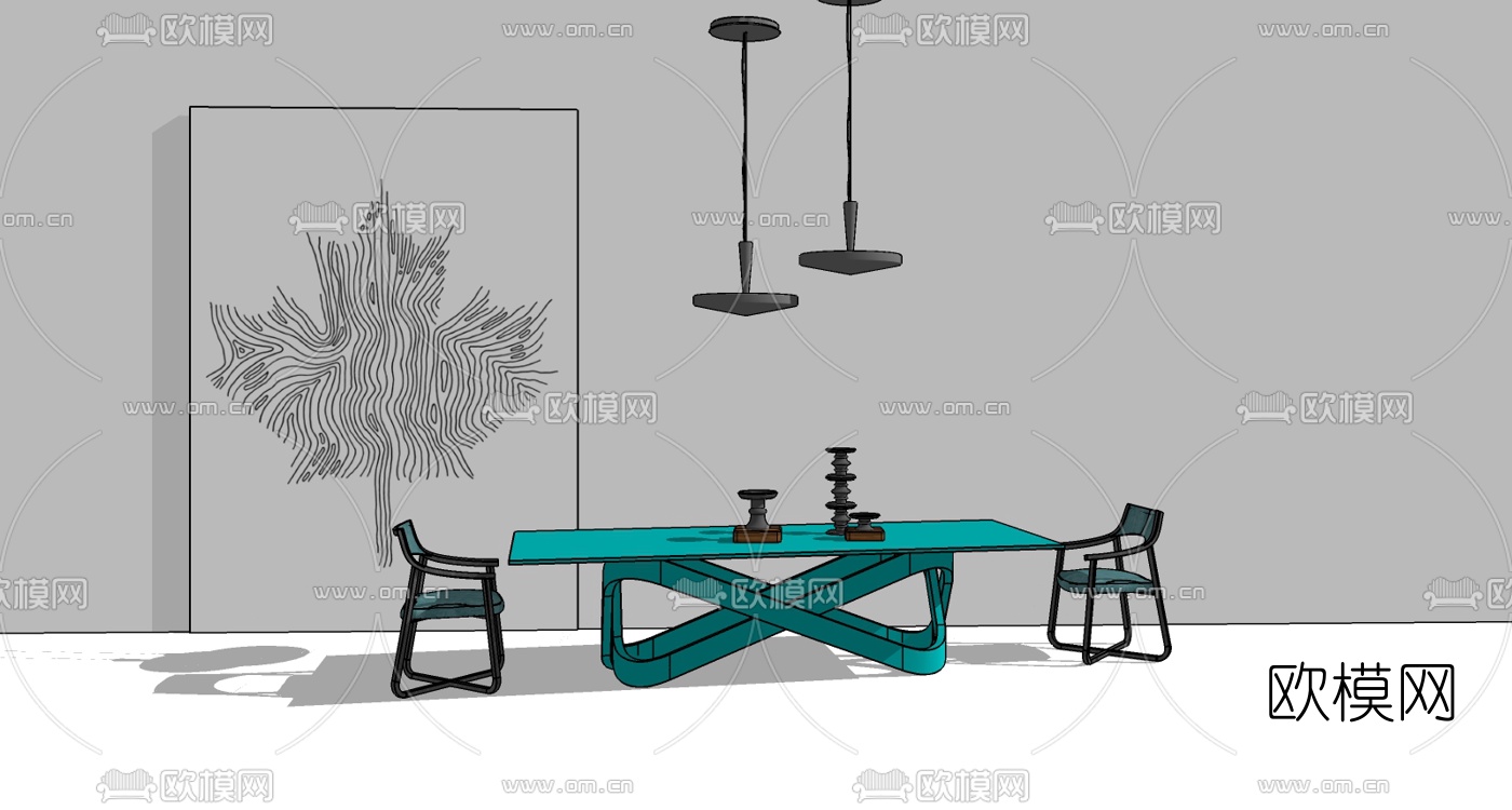 北欧方形餐桌椅su模型下载（渲染图2）