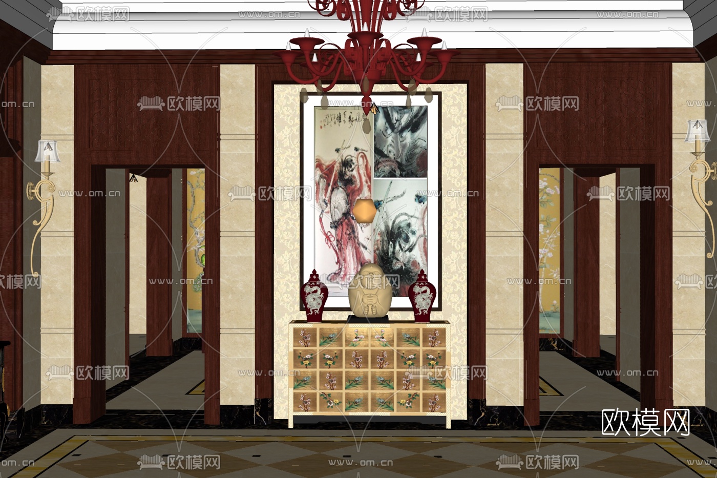 新中式实木边柜免费su模型下载