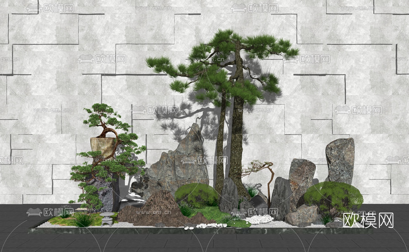 新中式假山松树景观小品su模型-免费3dmax模型库-欧模网