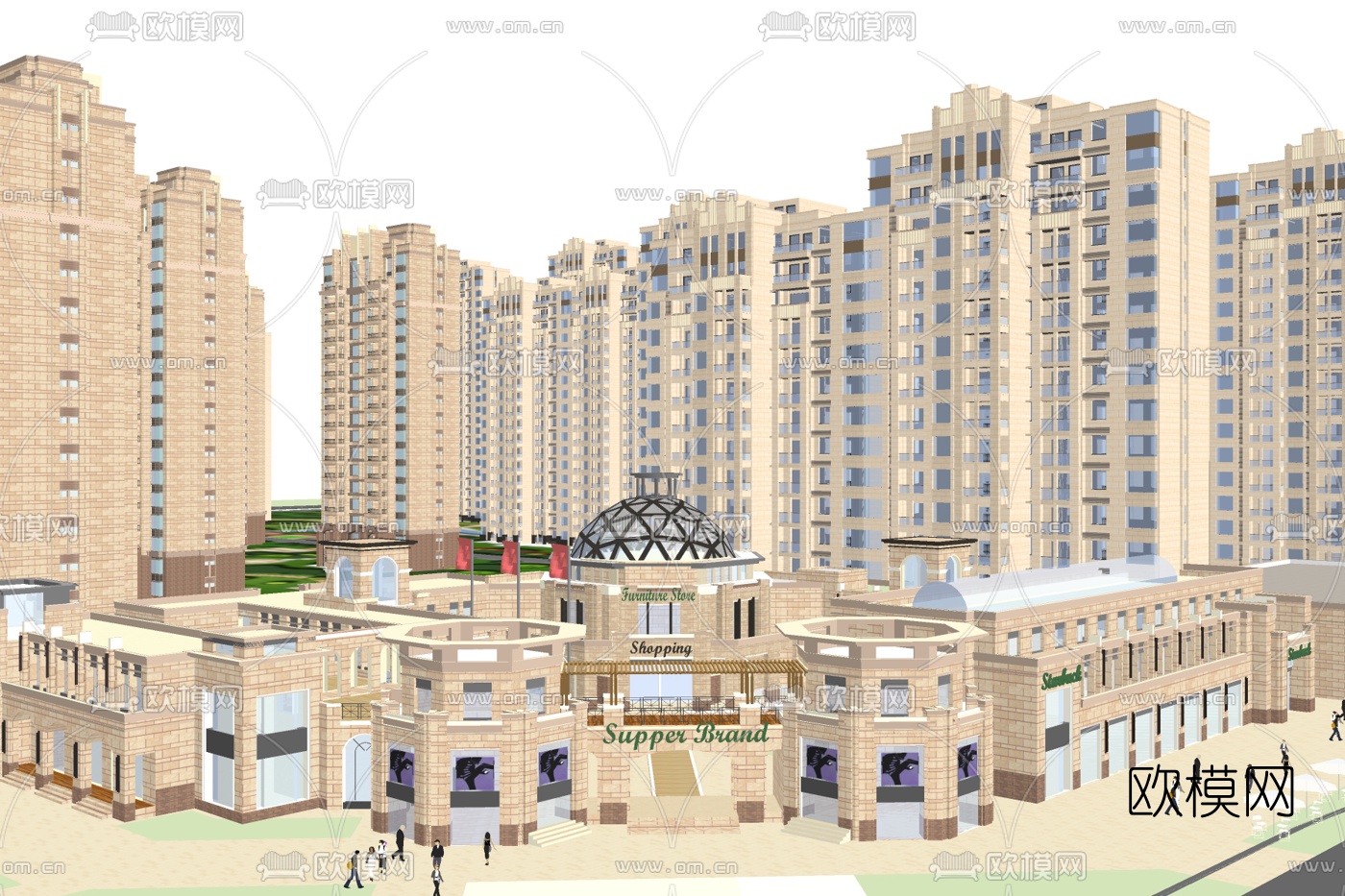 现代商业街su模型下载