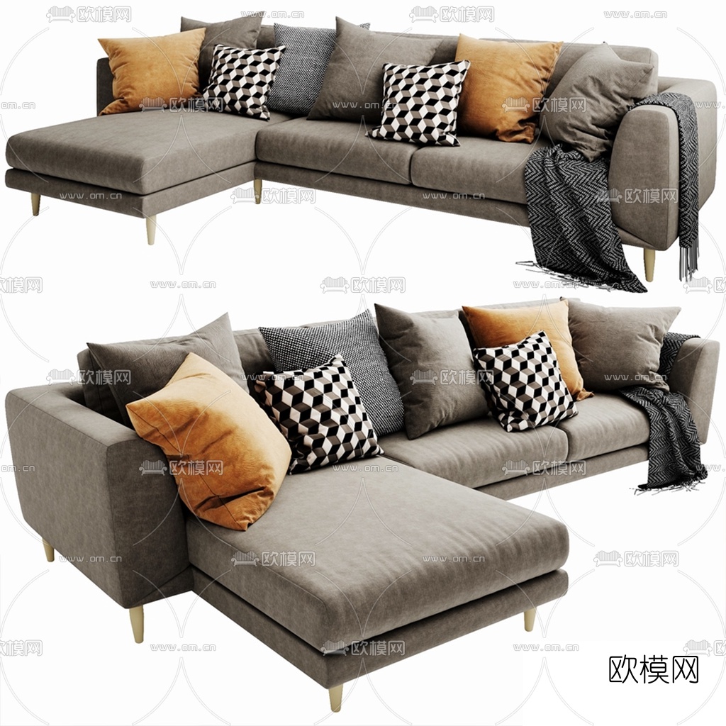 现代布艺转角多人沙发3d模型下载（渲染图2）