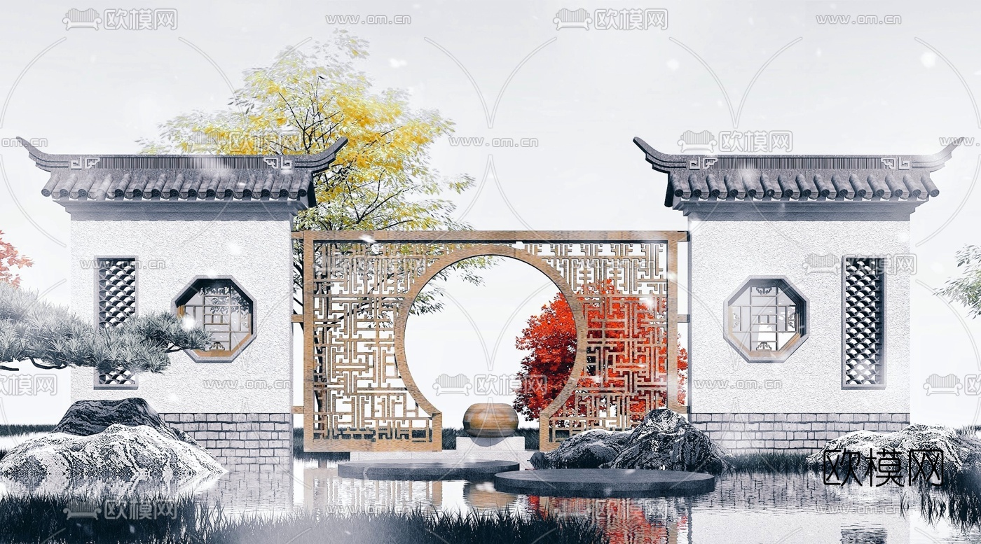 中式影壁墙景观墙3d模型下载
