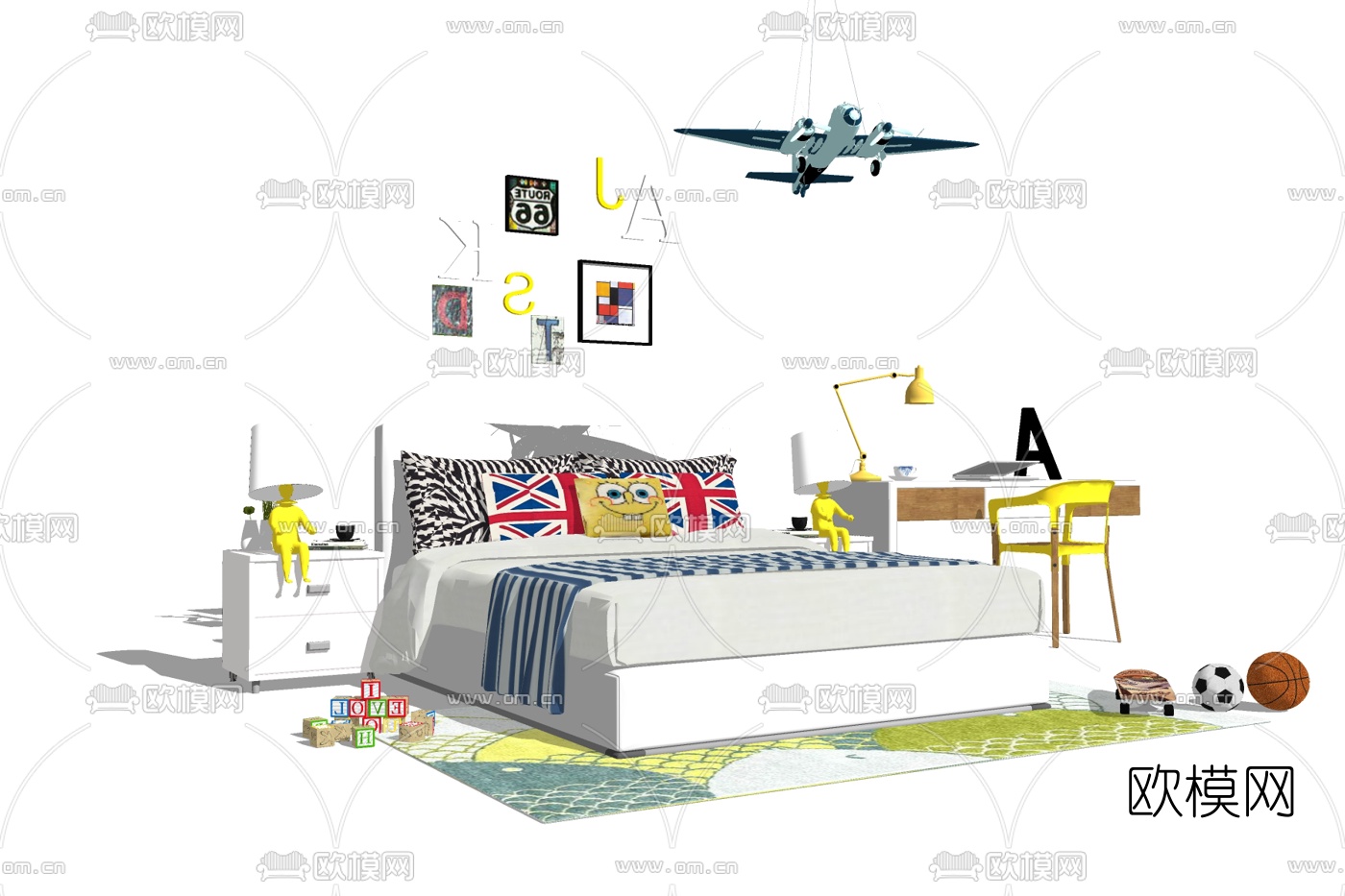 现代布艺儿童床免费su模型下载
