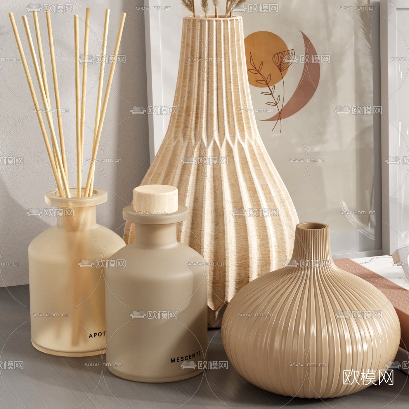 北欧花瓶书籍香薰摆件3d模型下载（渲染图2）