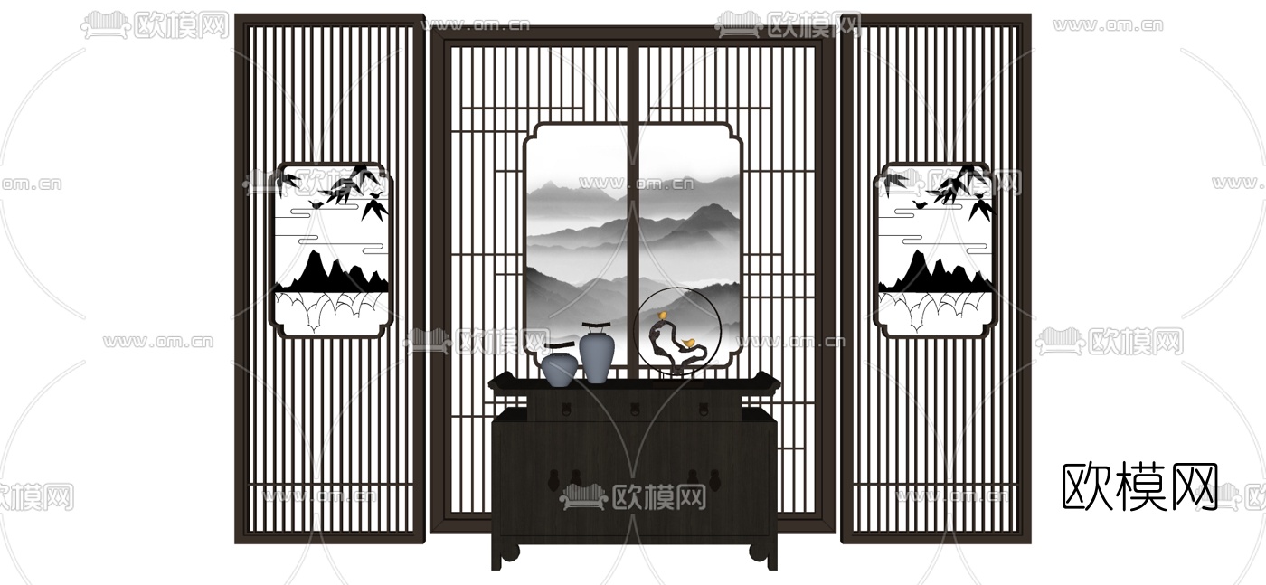 新中式花格屏风隔断su模型下载（渲染图2）