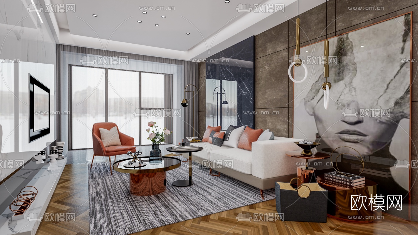 现代轻奢客厅su模型下载