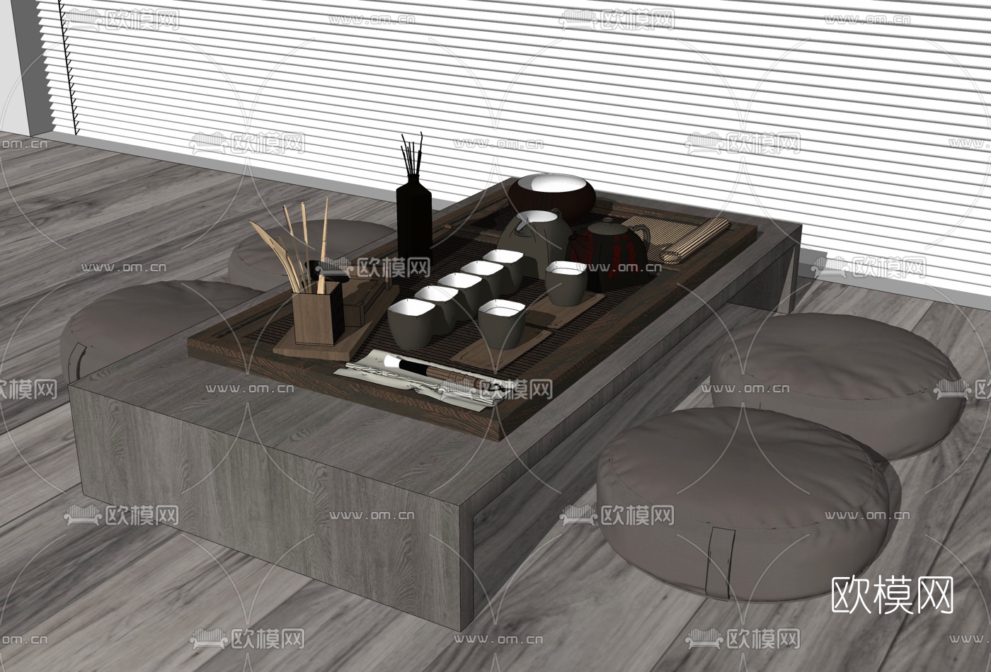 新中式榻榻米茶桌椅su模型下载（渲染图2）
