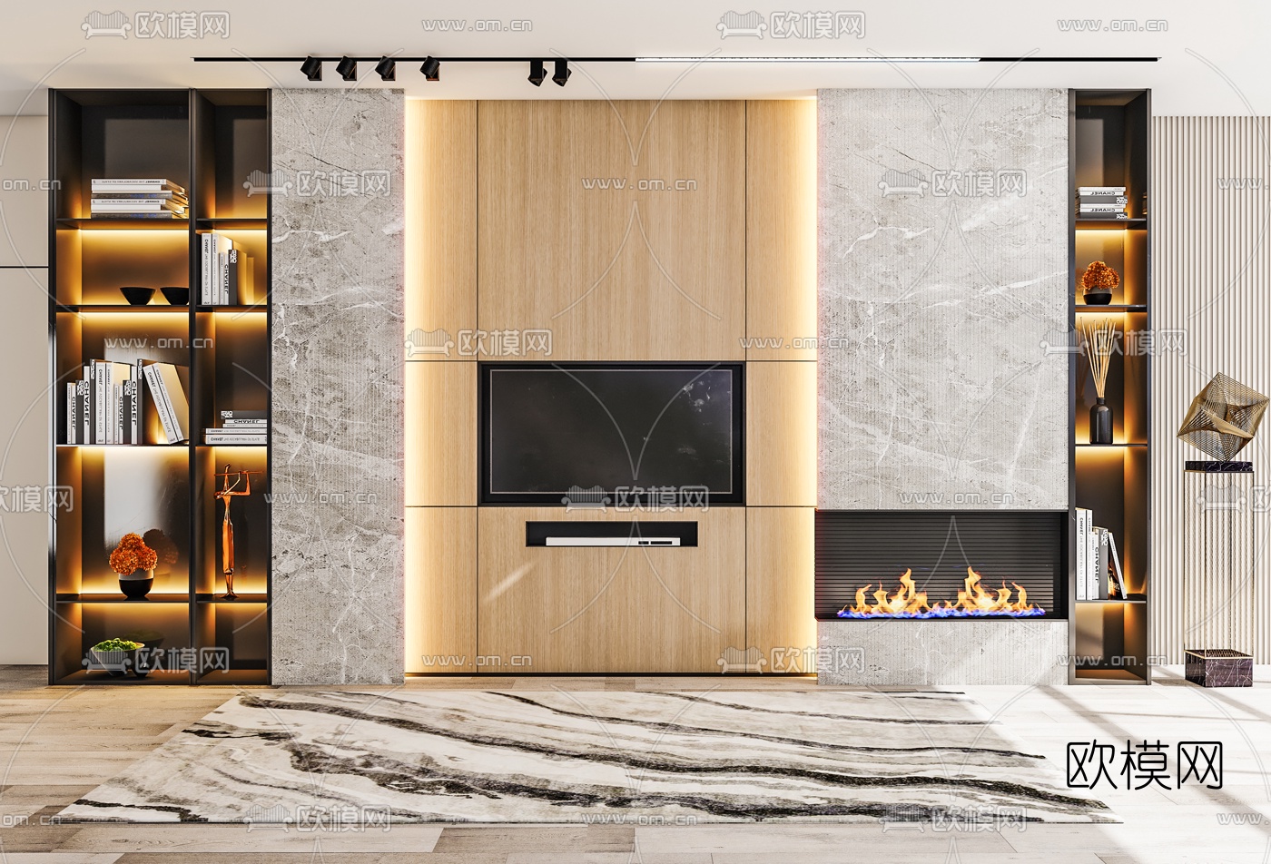 现代一体式电视柜背景墙3d模型下载