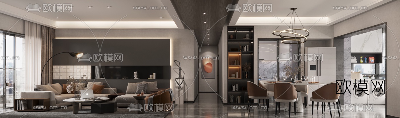 现代高级灰客厅餐厅3d模型下载（渲染图2）
