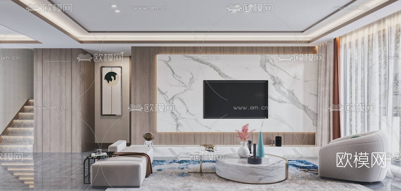 新中式复式轻奢客厅餐厅3d模型