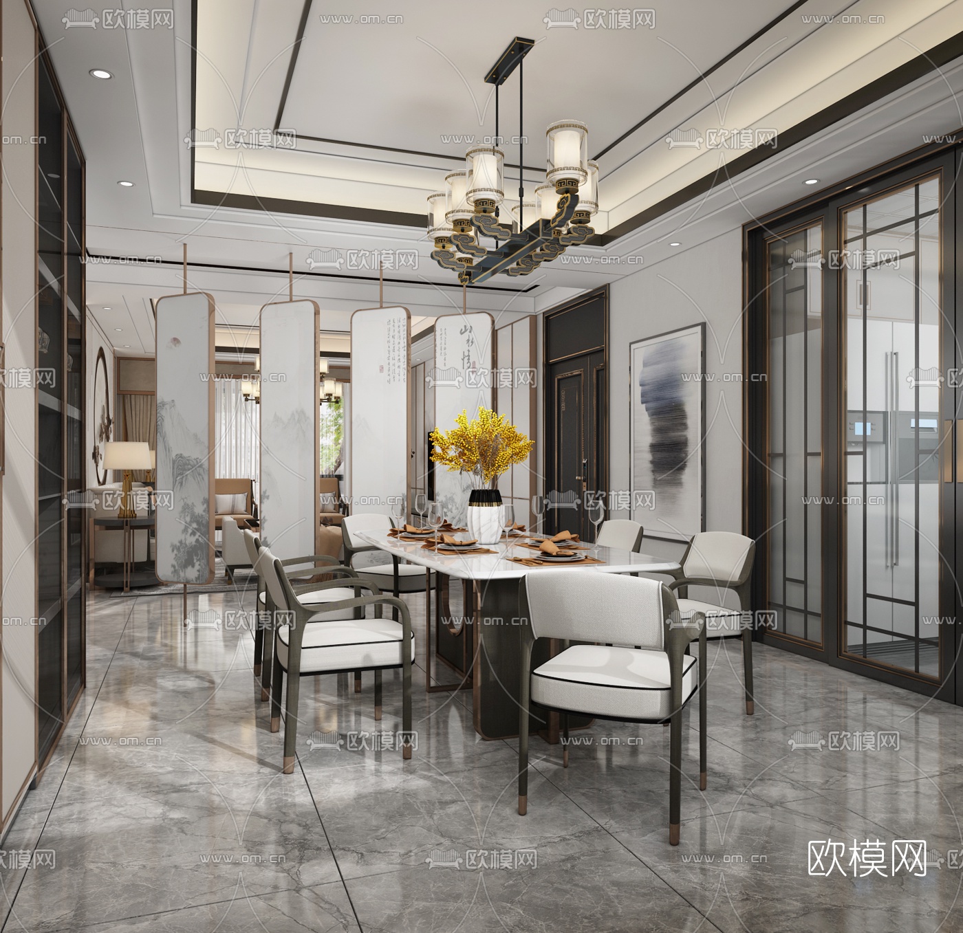 新中式轻奢客厅餐厅3d模型