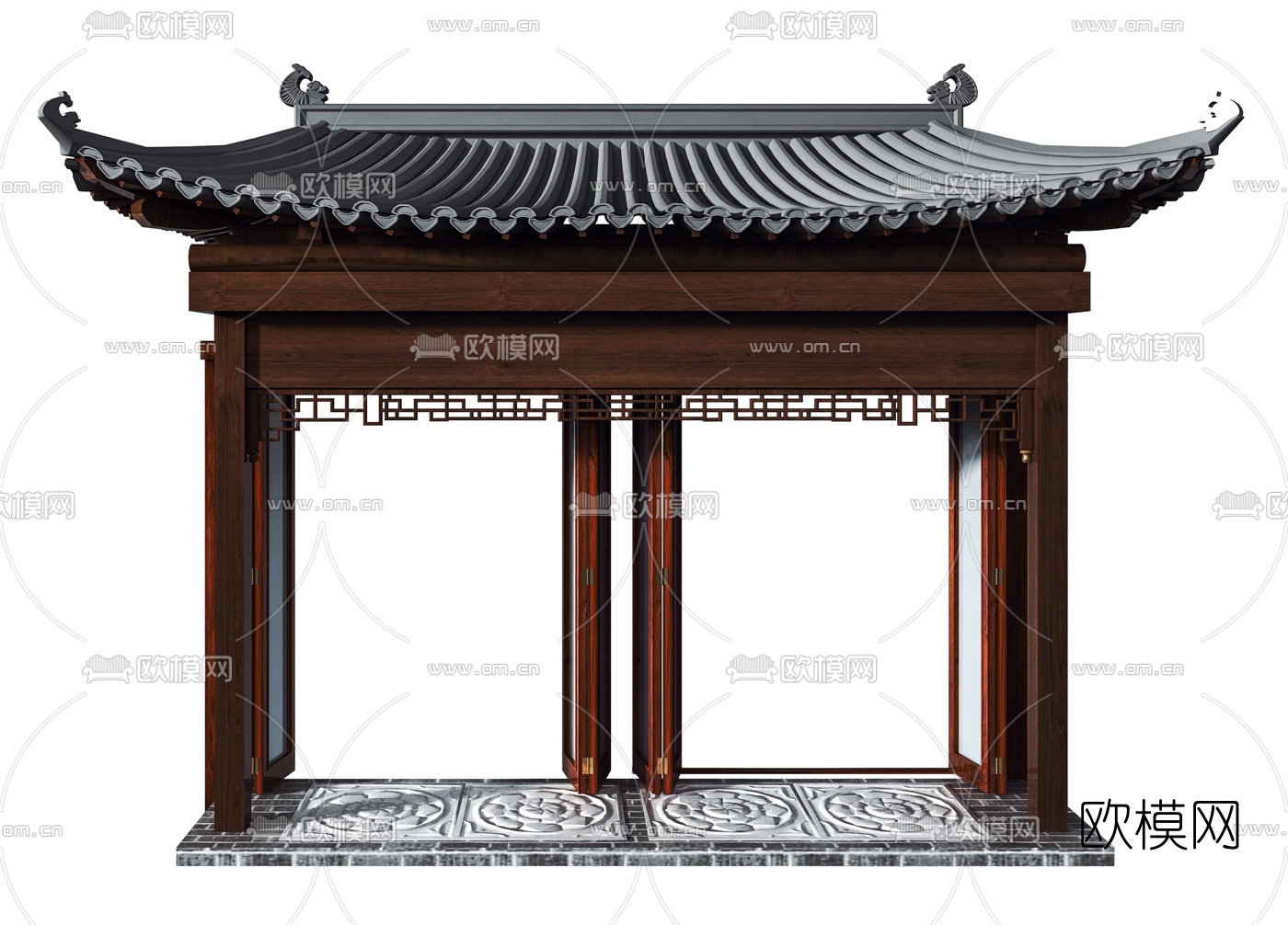 中式瓦片屋檐门头3d模型