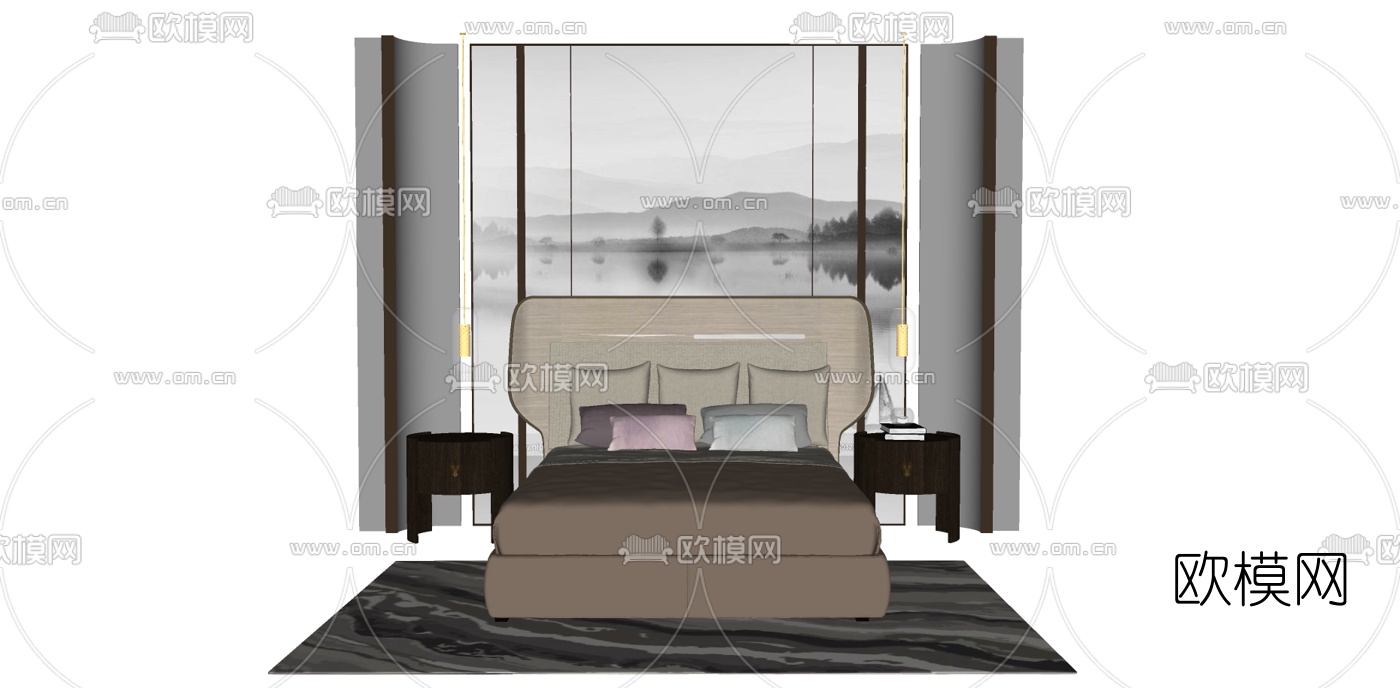 现代布艺双人床su模型下载