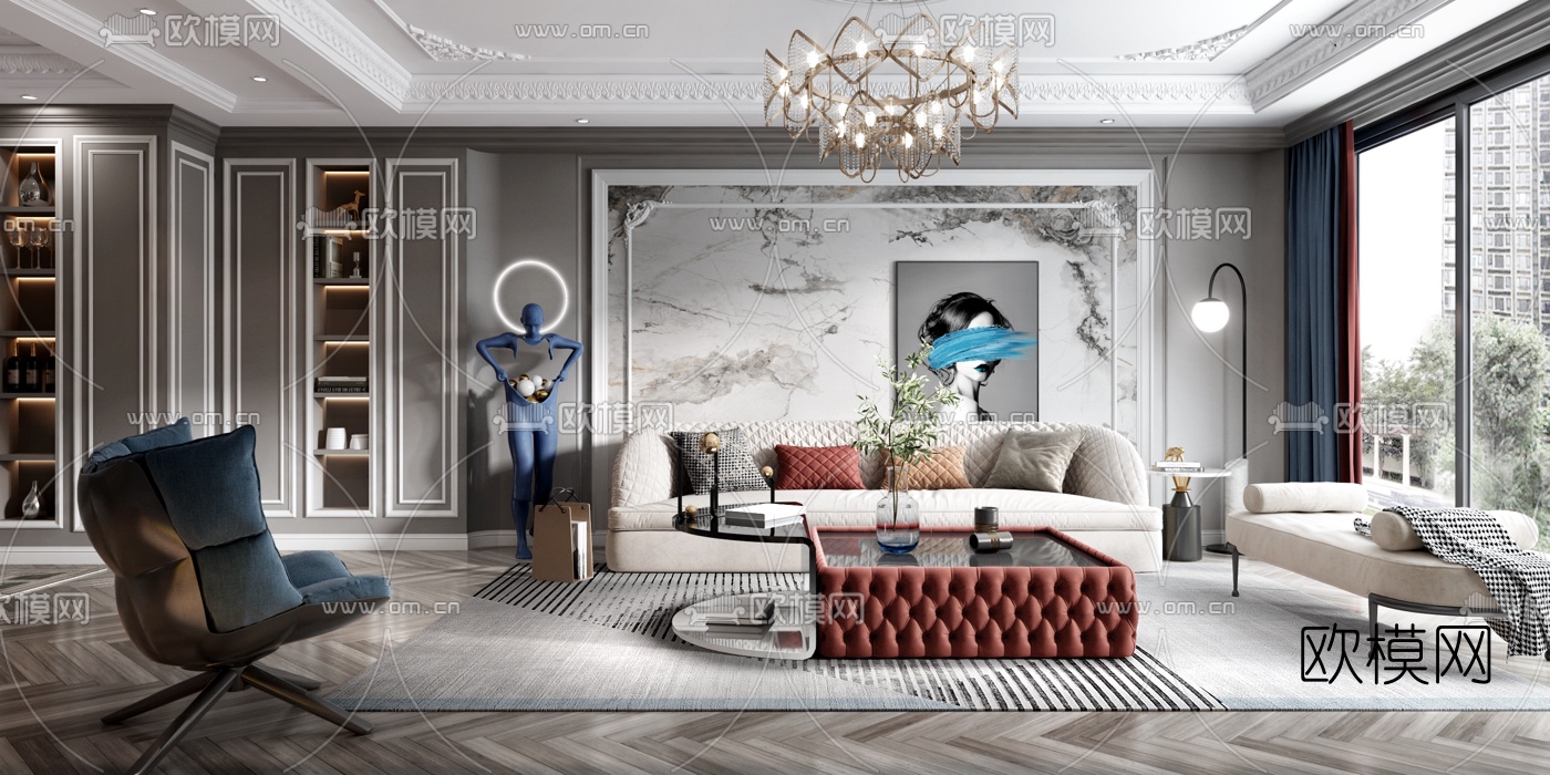 简欧客厅餐厅3d模型下载（渲染图1）