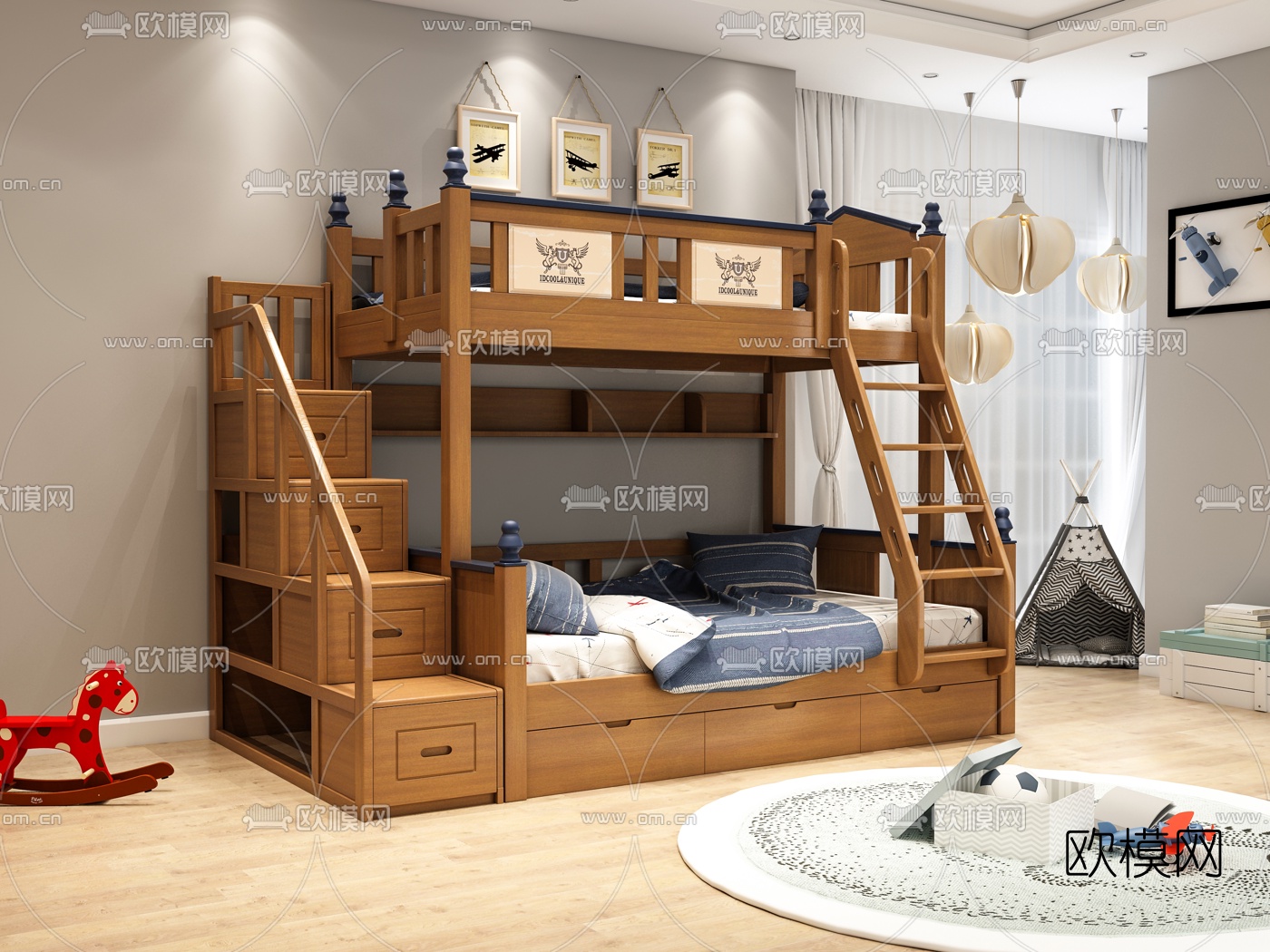 北欧上下铺儿童床3d模型下载（渲染图1）