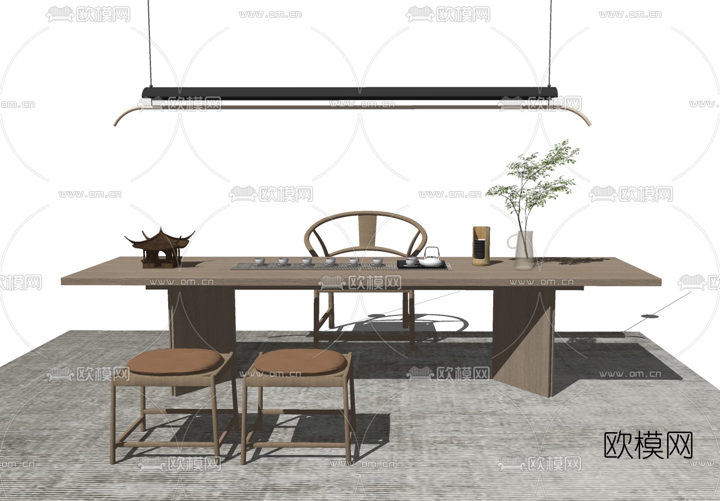 新中式实木茶桌椅su模型下载（渲染图1）
