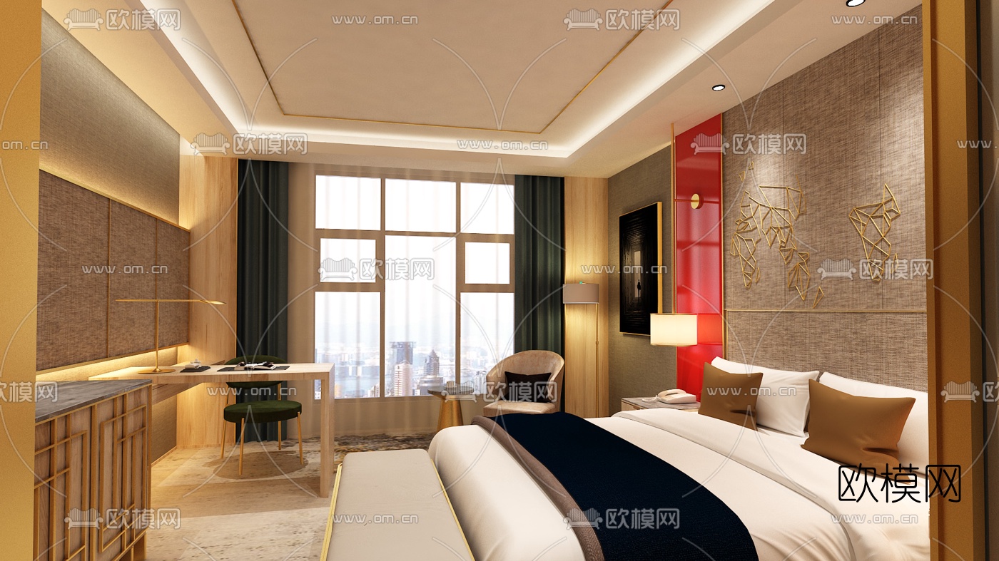 新中式客房大床房免费3d模型下载（渲染图2）