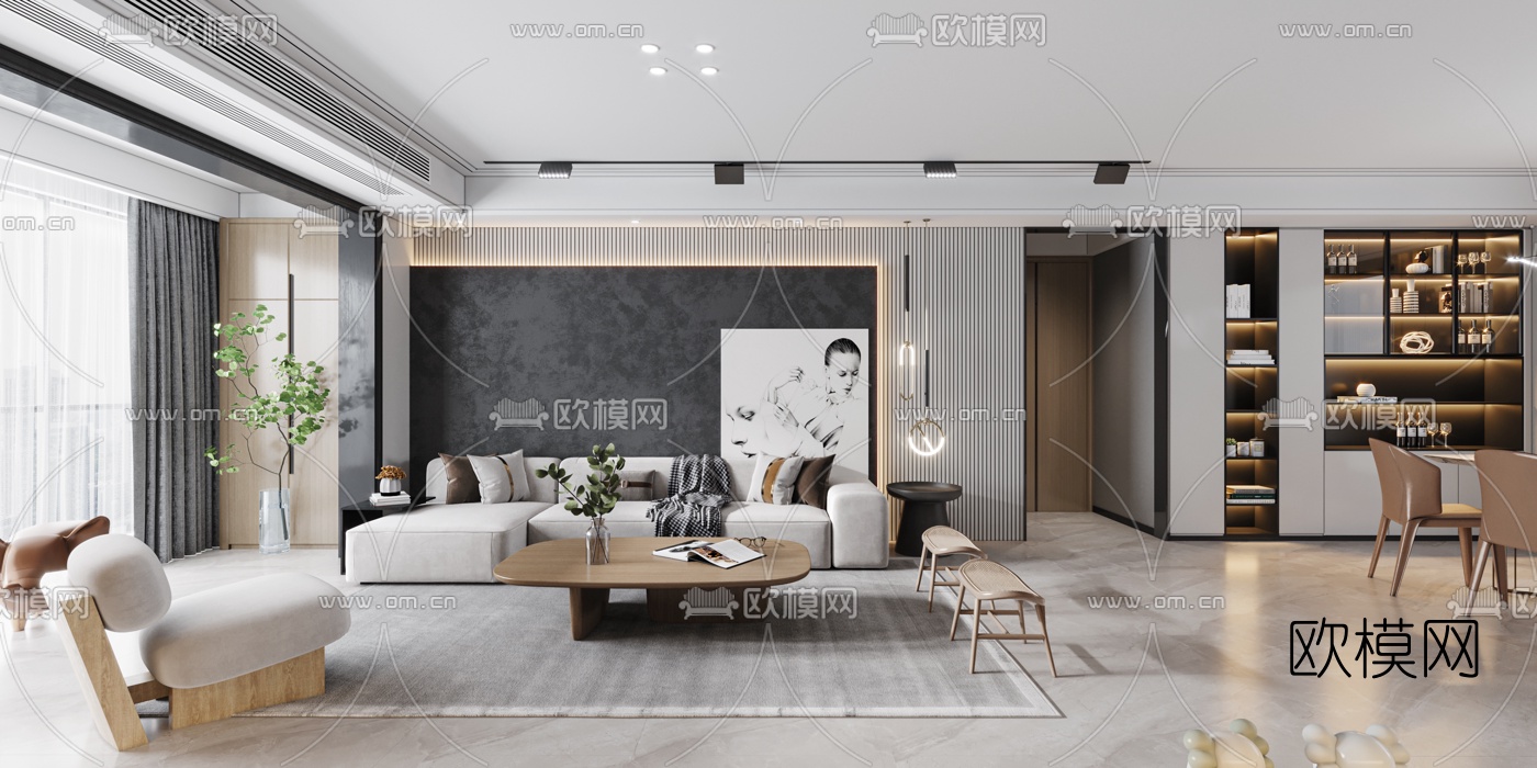 现代客厅餐厅3d模型