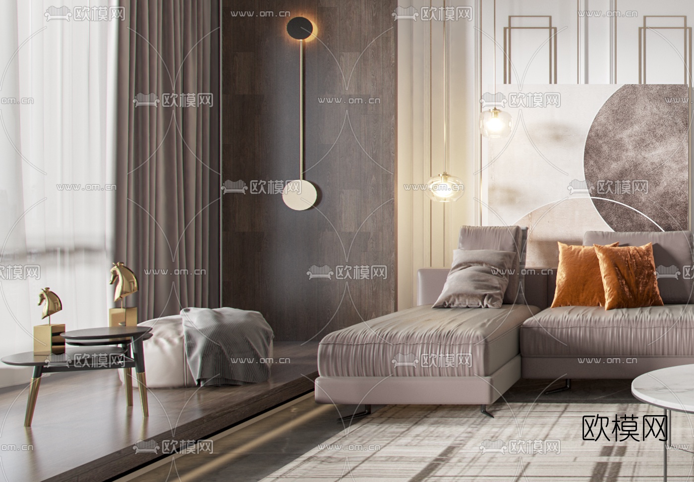 简欧布艺沙发组合3d模型下载（渲染图2）