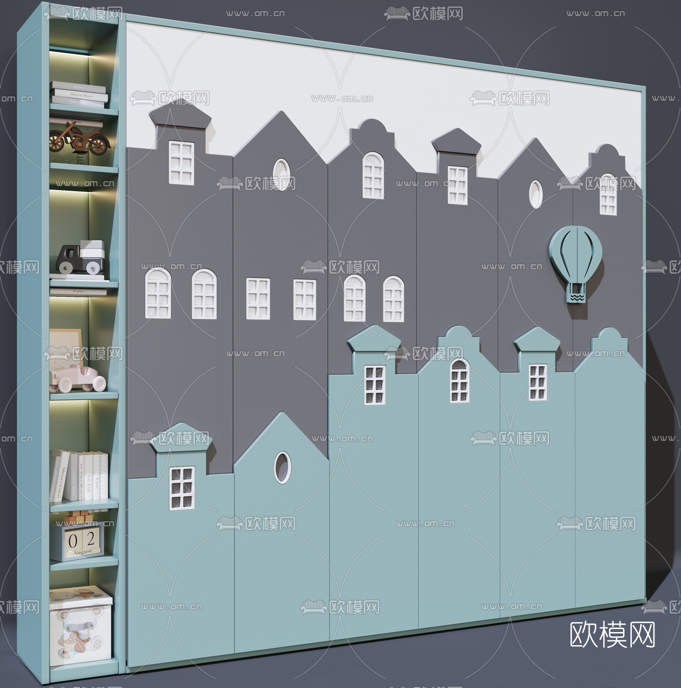 现代儿童衣柜书柜3d模型下载（渲染图3）