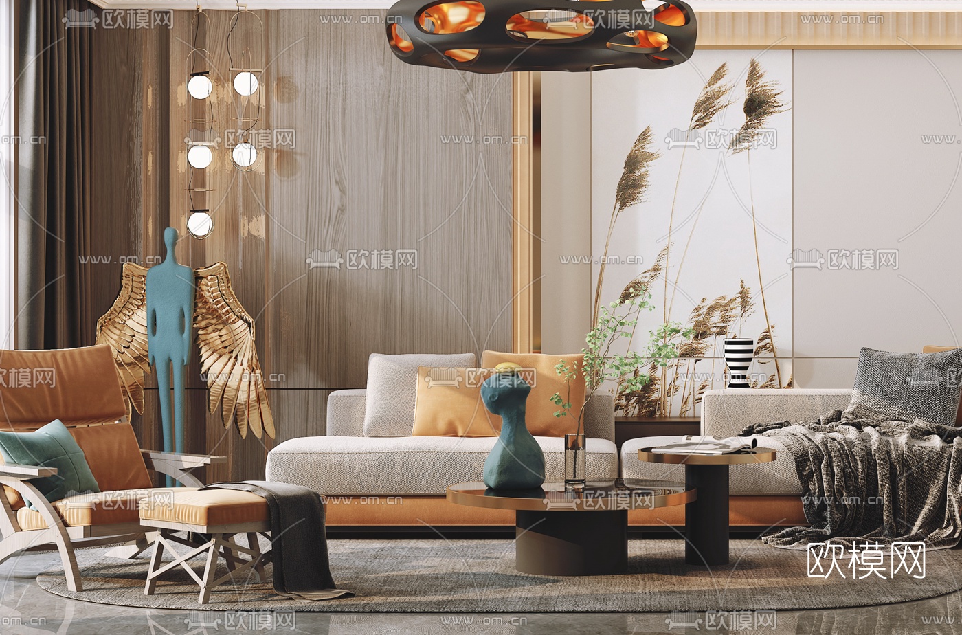 现代布艺转角沙发组合3d模型下载（渲染图2）