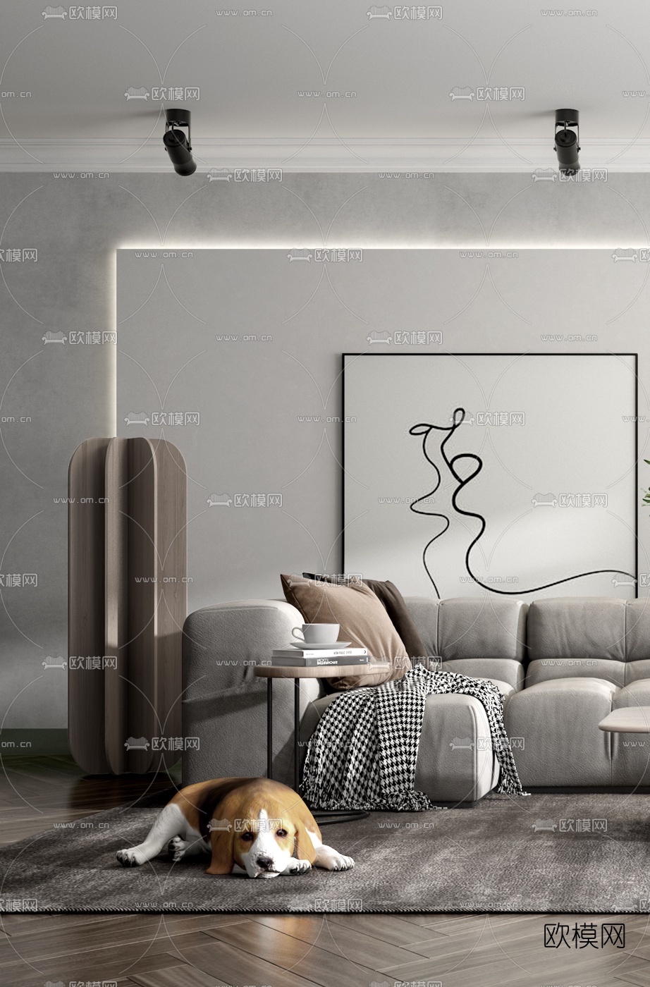 北欧布艺转角沙发组合3d模型下载（渲染图2）