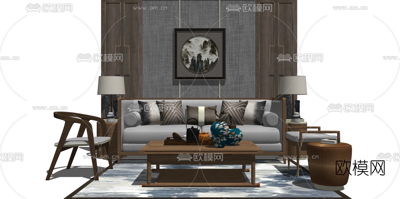 新中式布艺沙发组合su模型下载