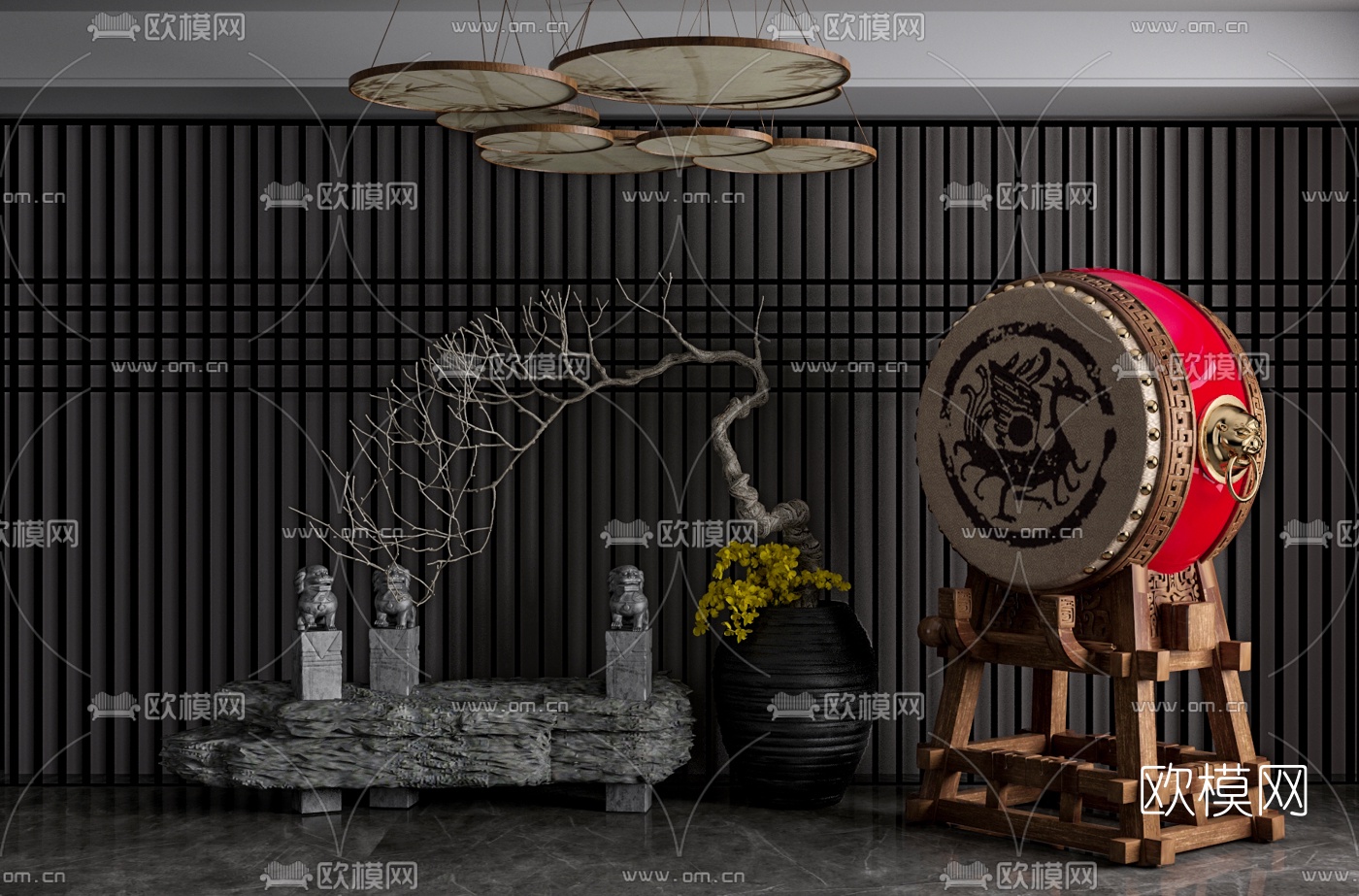 新中式大鼓石狮景观小品3d模型下载