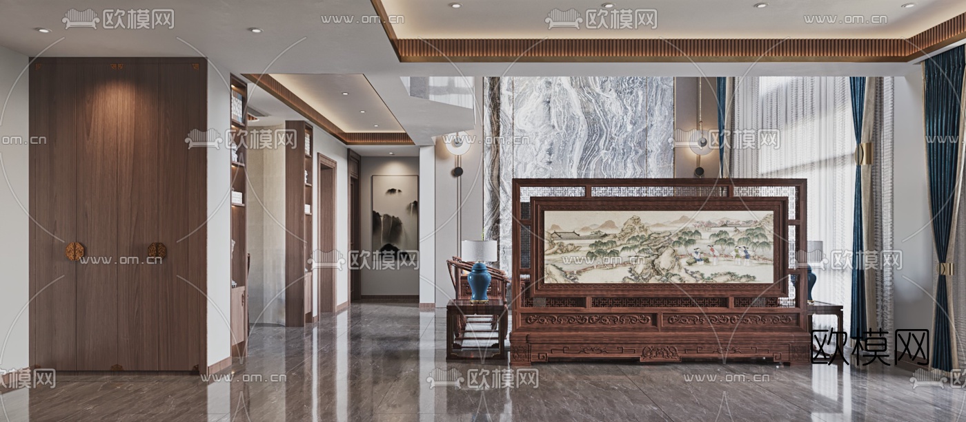 新中式轻奢别墅客厅餐厅3d模型
