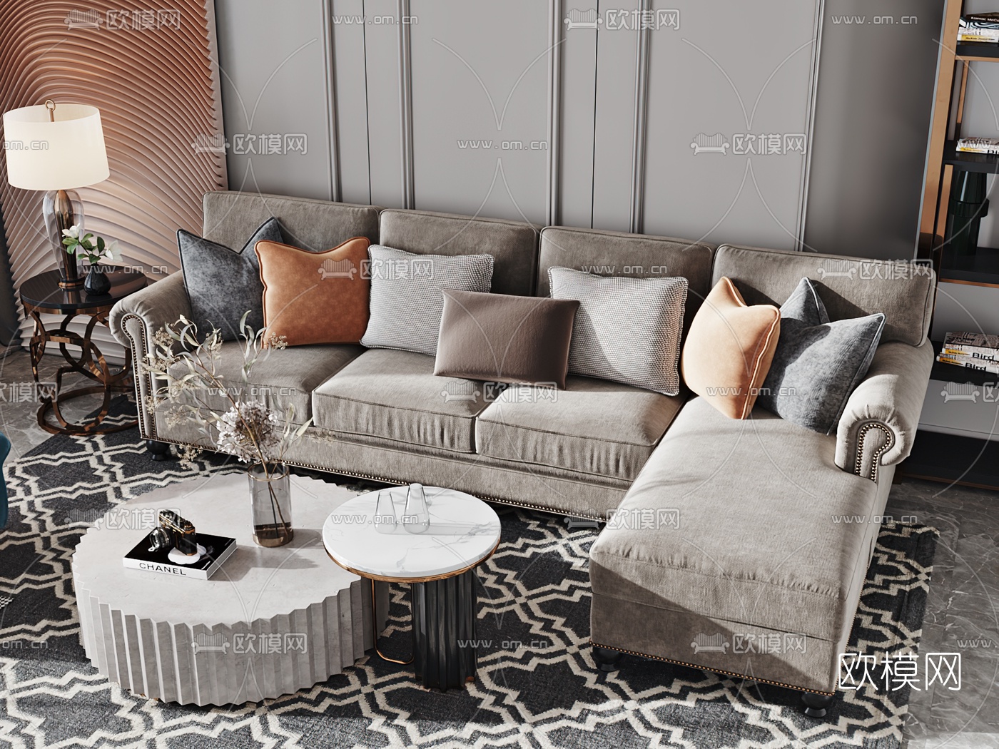美式布艺转角沙发组合3d模型下载（渲染图2）