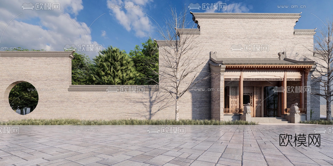 中式古建门头景观su模型下载（渲染图1）