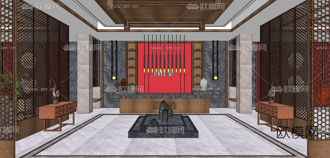 新中式洽谈区su模型下载（渲染图2）
