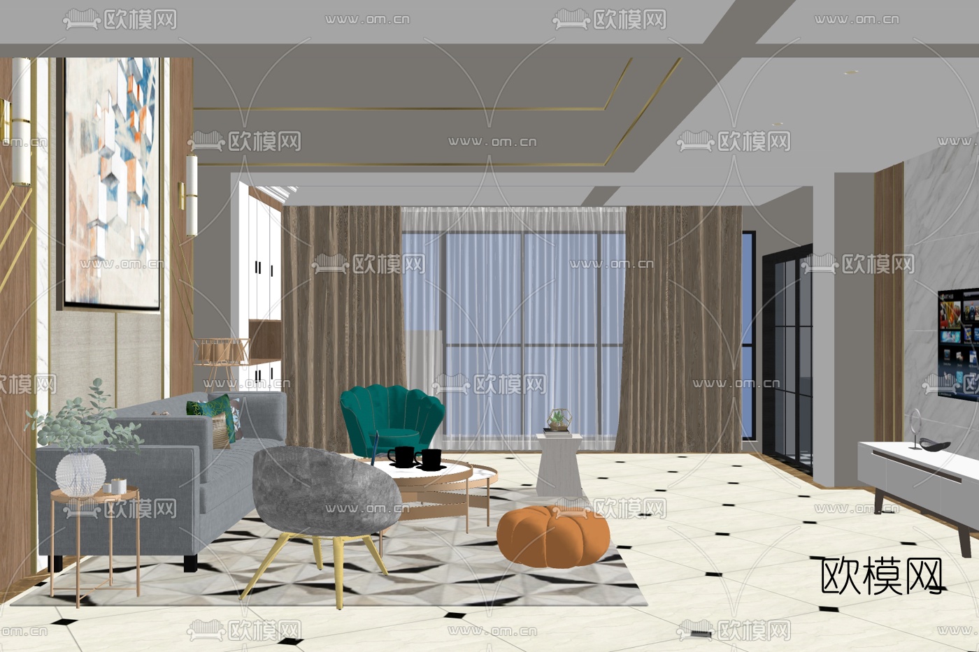 现代简约客厅免费su模型下载