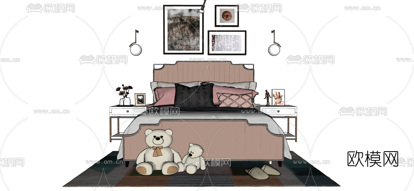现代双人床su模型下载（渲染图4）