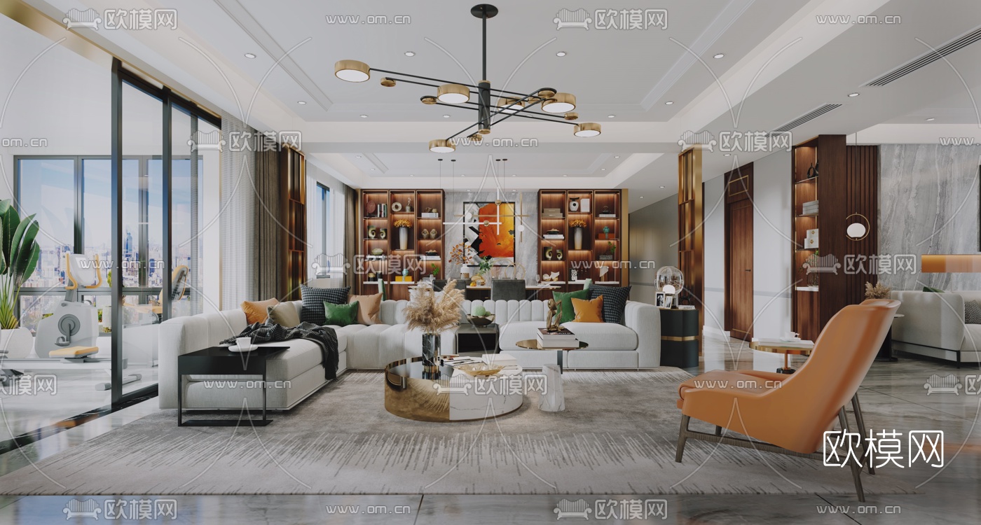 现代轻奢客厅餐厅3d模型下载（渲染图3）