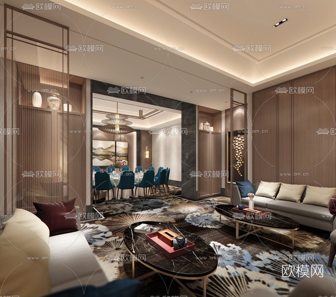 新中式餐厅包房免费3d模型下载(渲染图2)