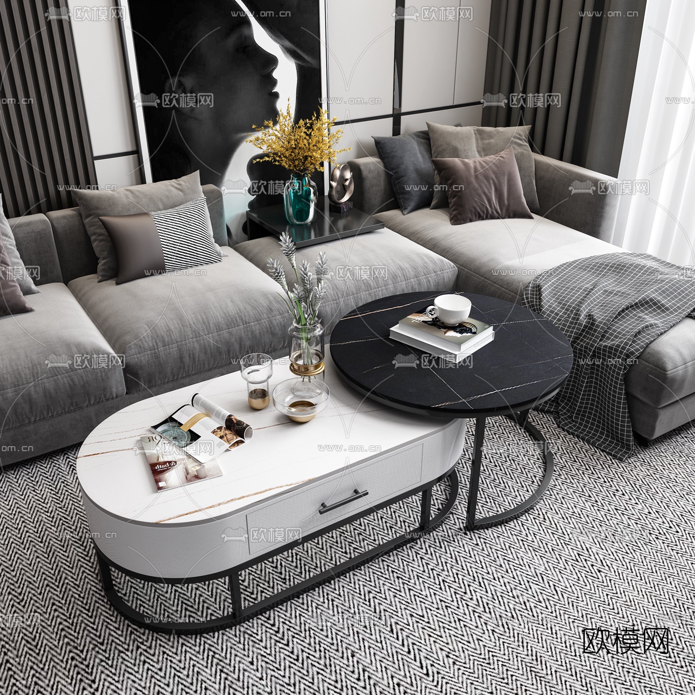 现代转角沙发茶几组合3d模型