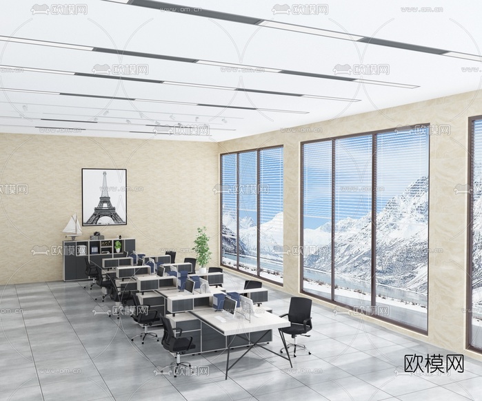 现代屏风卡位办公桌椅3d模型下载(渲染图2)