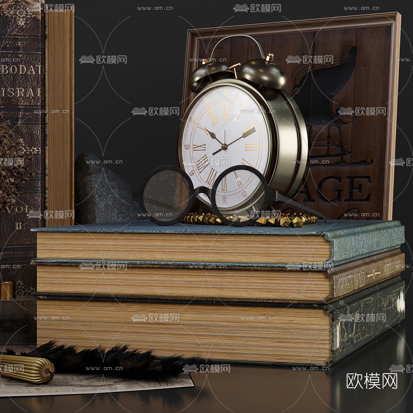 简欧复古花瓶花艺摆钟书籍摆件3d模型下载（渲染图4）