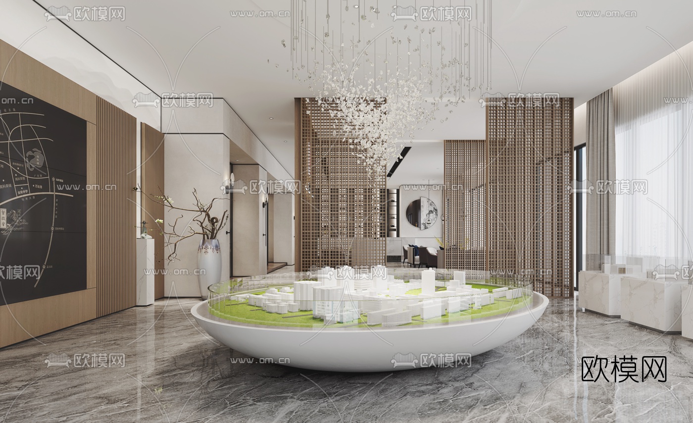 新中式售楼处接待处3d模型下载（渲染图3）