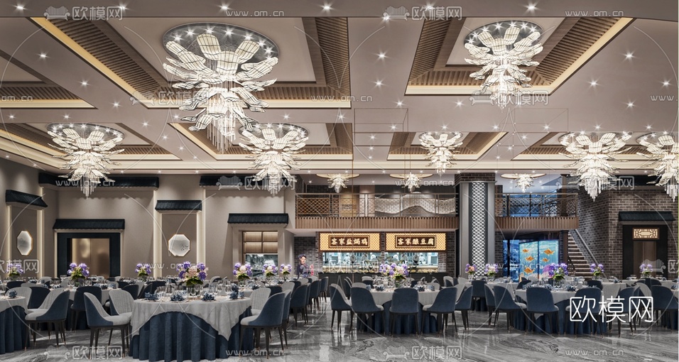 新中式酒店宴会厅3d模型下载(渲染图2)
