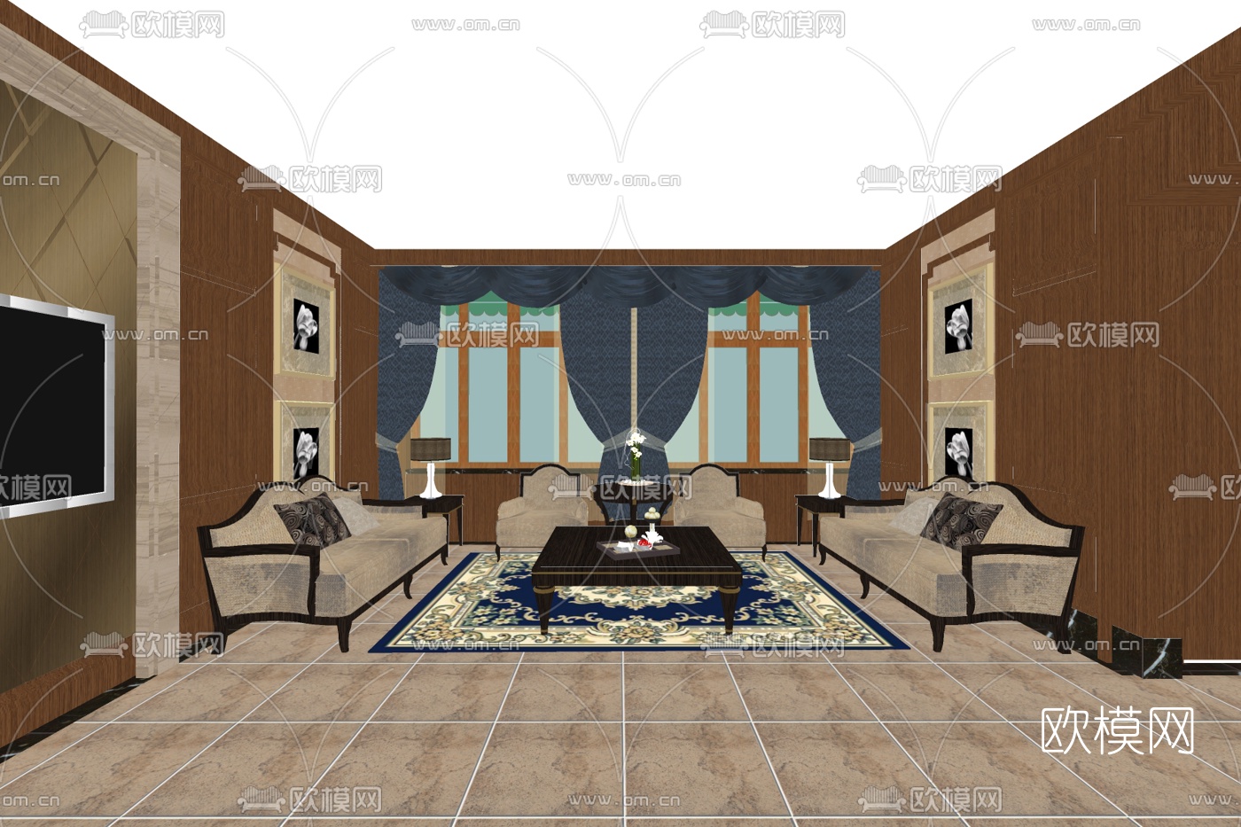 简欧布艺组合沙发su模型下载