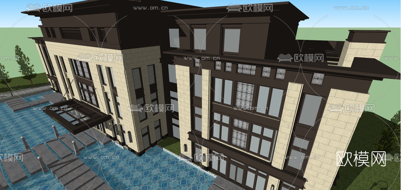 新古典酒店会所外观su模型下载（渲染图4）