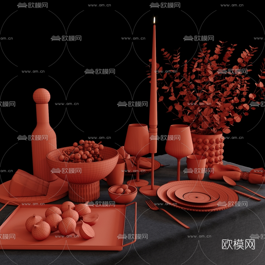 现代刀叉碗碟葡萄花瓶3d模型
