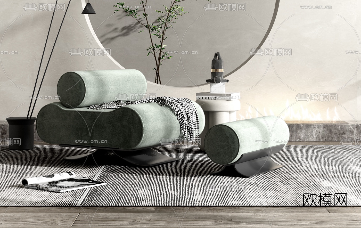 现代绒布单人沙发边几3d模型下载（渲染图2）
