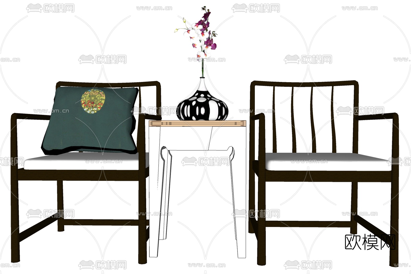 新中式实木单椅su模型下载