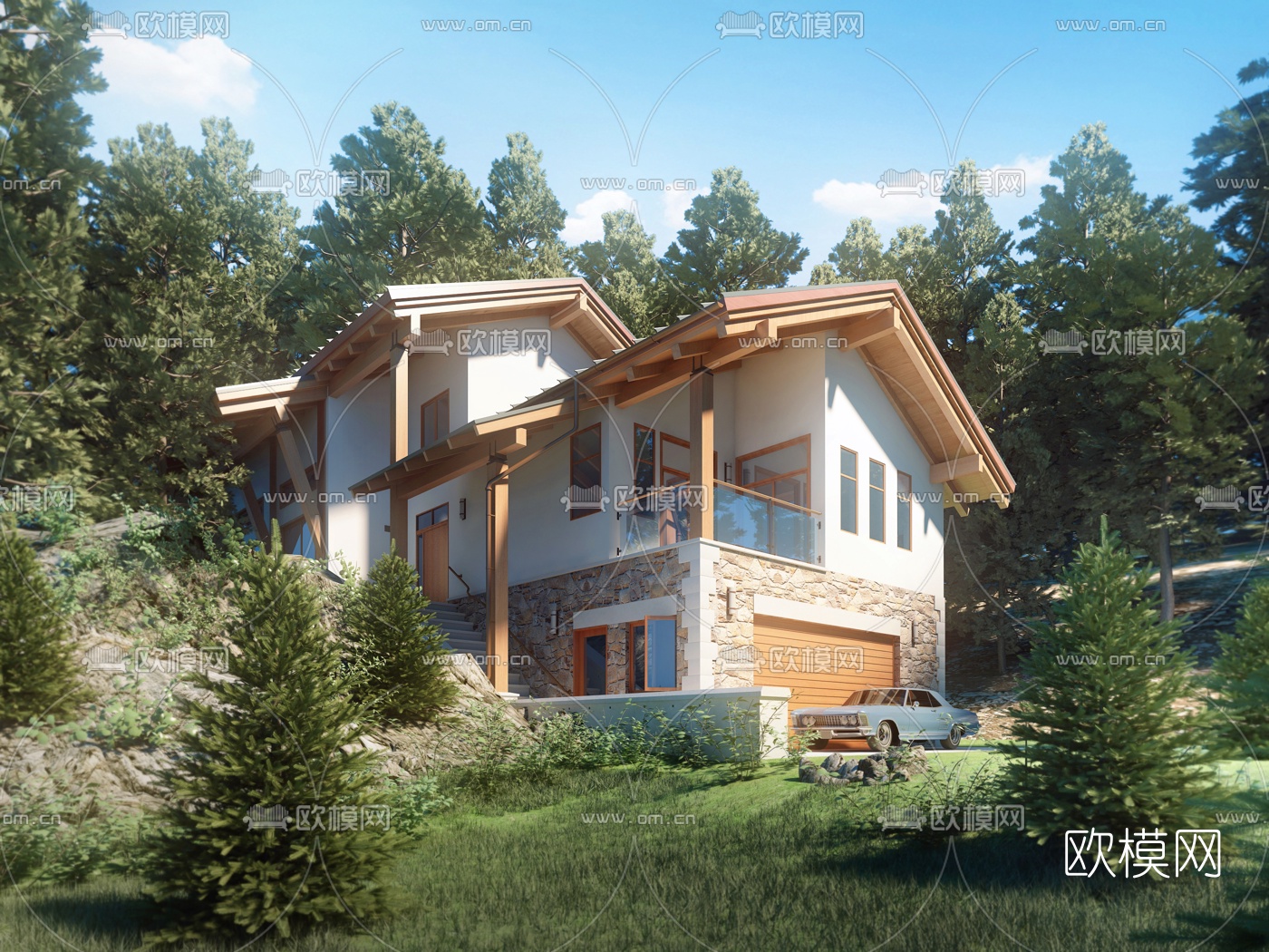 自然风半山别墅外观3d模型下载（渲染图1）