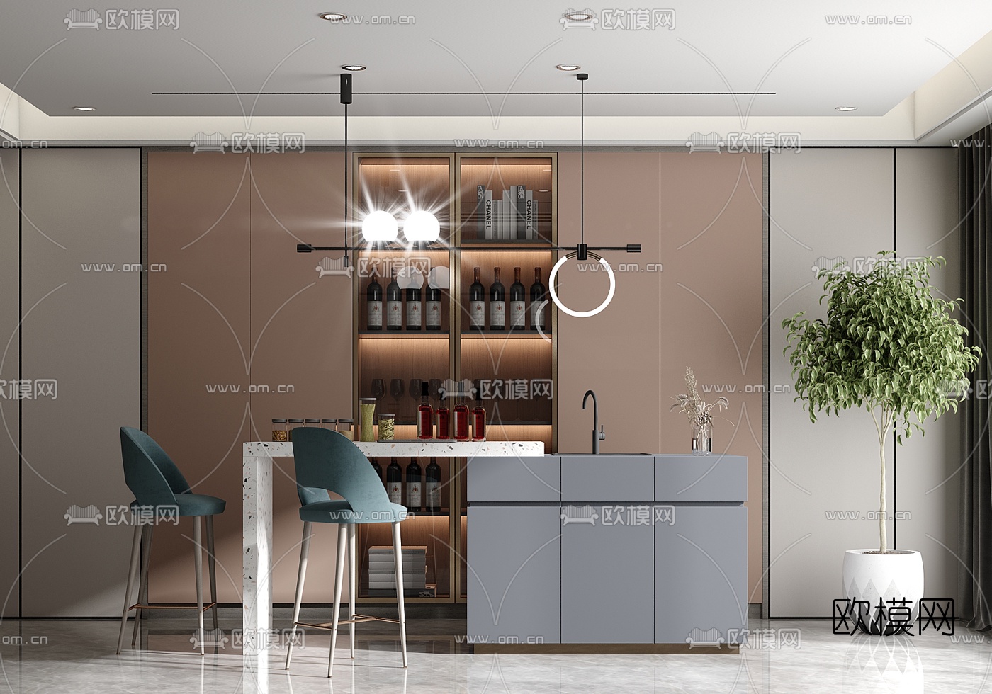 现代轻奢吧台su模型下载（渲染图1）