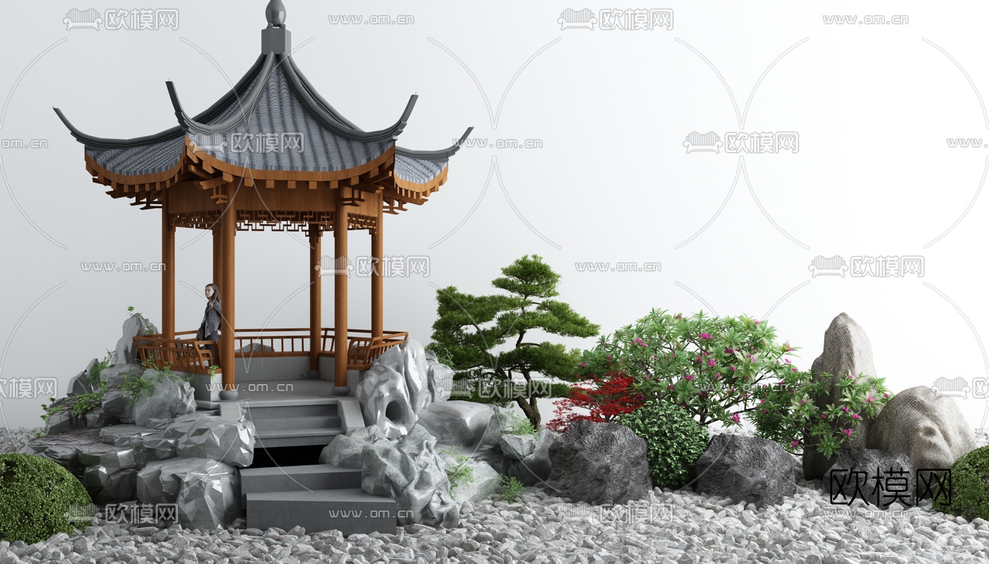 新中式凉亭石头灌木景观小品3d模型下载